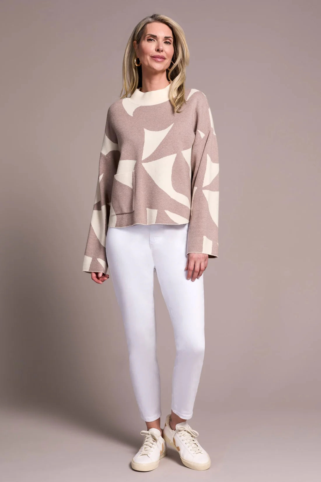 OVERSIZED MOCK NECK ABSTRACT PRINT SWEATER-SANDSTONE