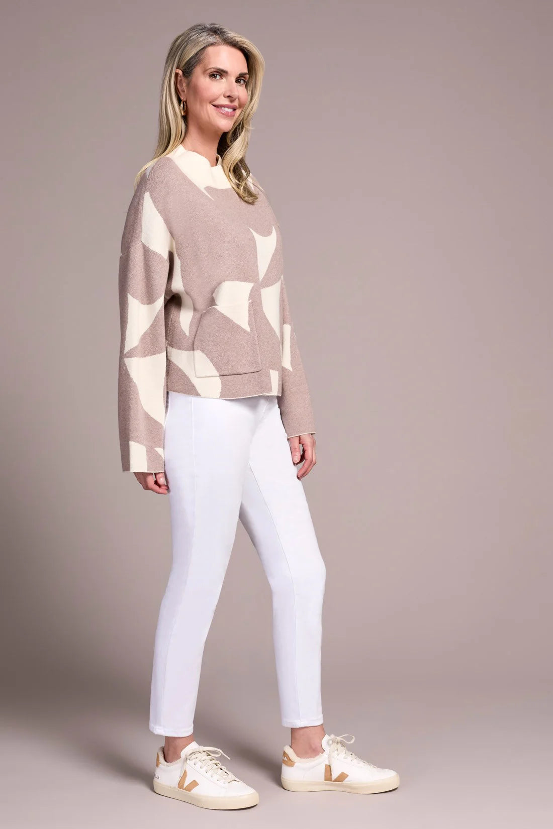 OVERSIZED MOCK NECK ABSTRACT PRINT SWEATER-SANDSTONE