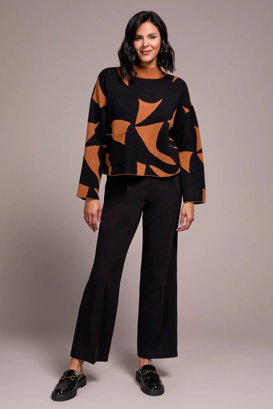 OVERSIZED MOCK NECK ABSTRACT PRINT SWEATER-BRAN