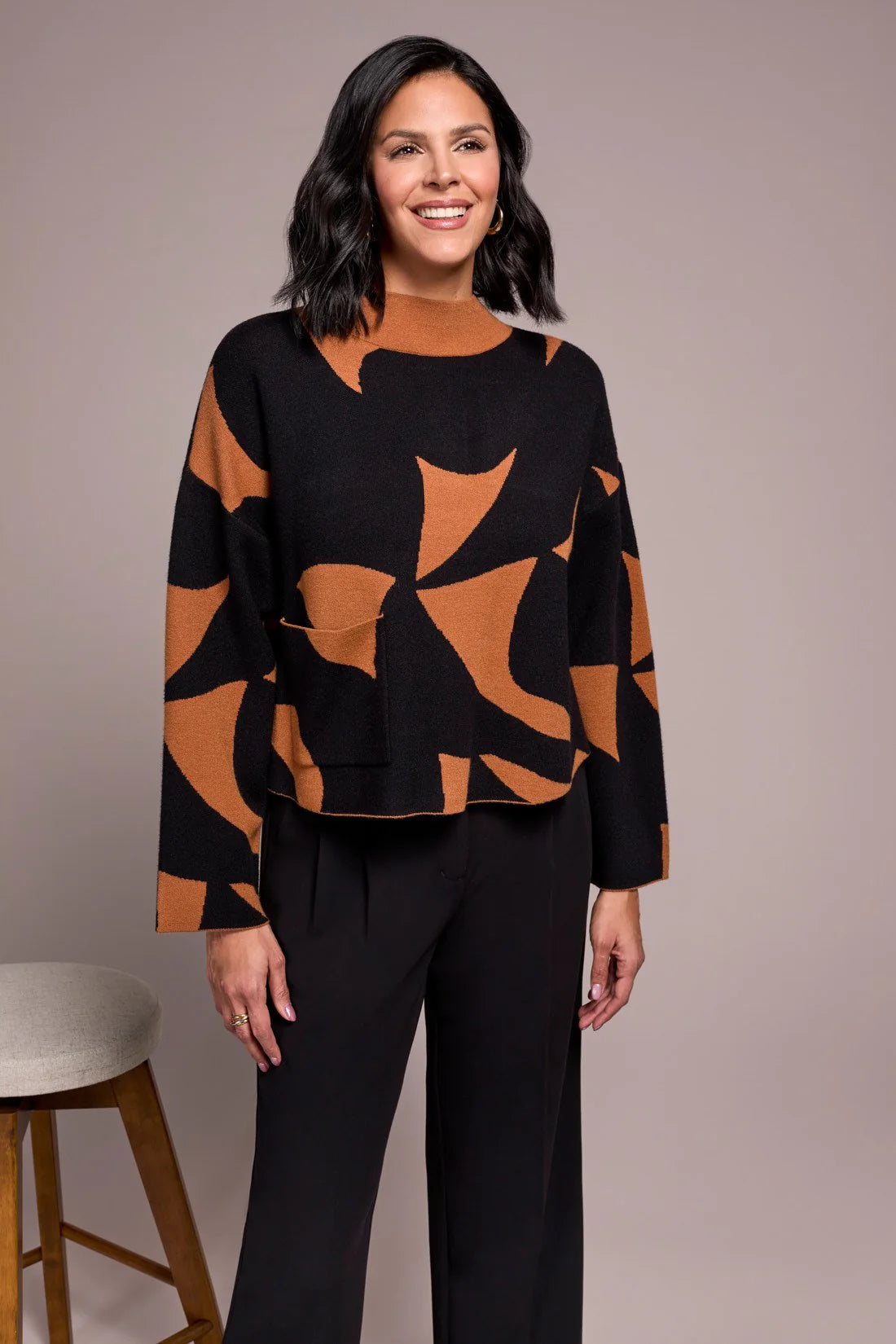 OVERSIZED MOCK NECK ABSTRACT PRINT SWEATER-BRAN