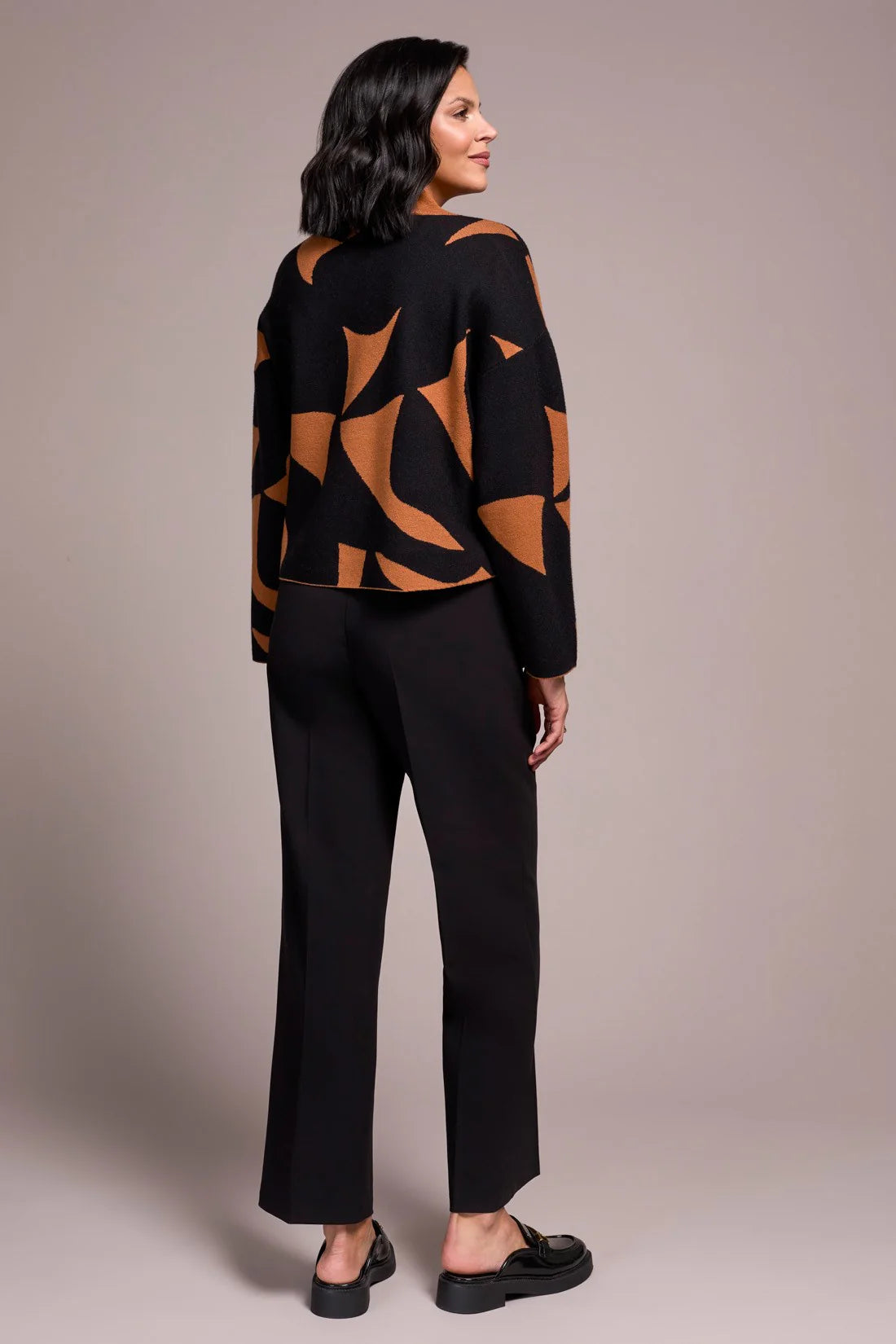 OVERSIZED MOCK NECK ABSTRACT PRINT SWEATER-BRAN