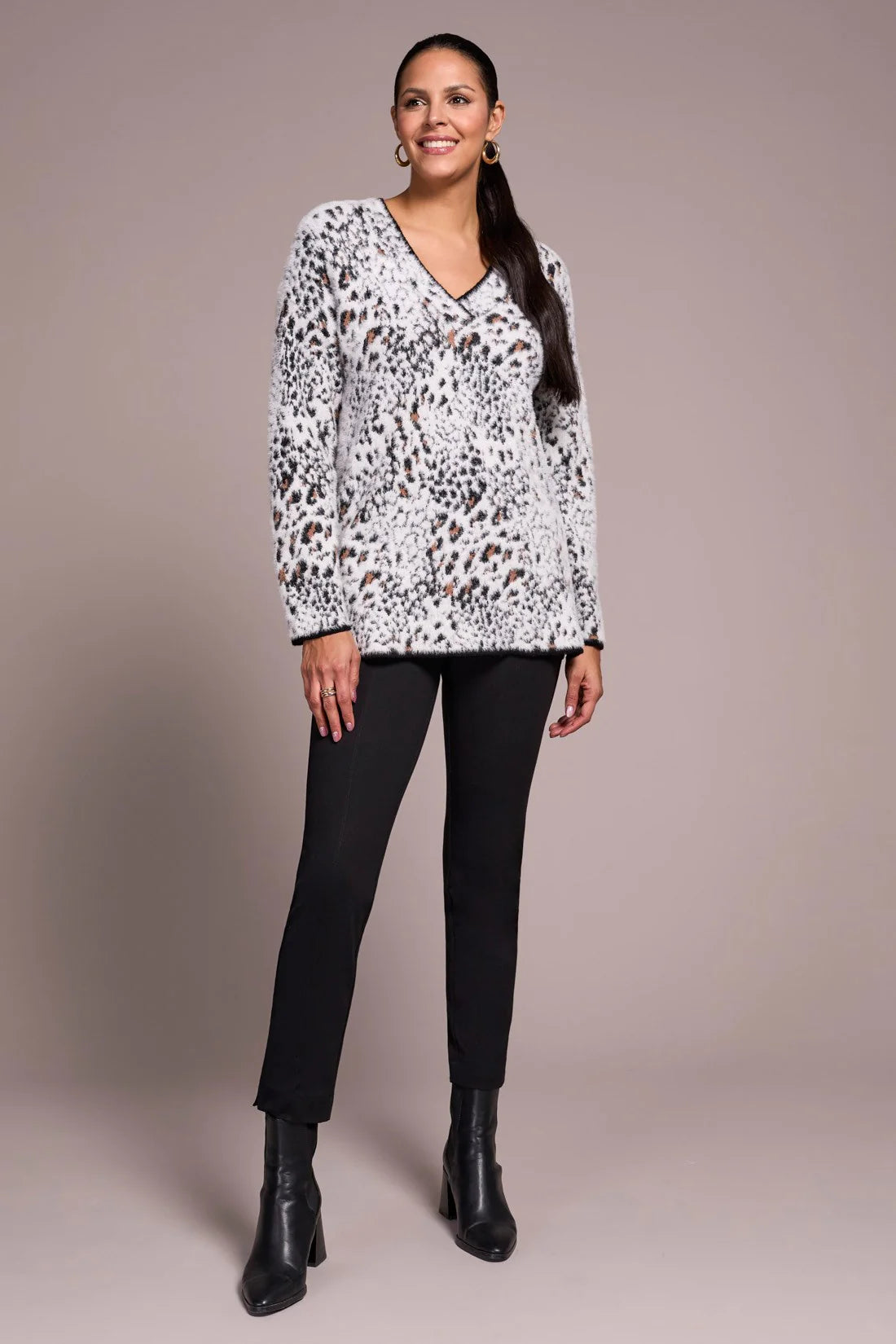 FUZZY ANIMAL PRINT LONG-SLEEVE V-NECK SWEATER