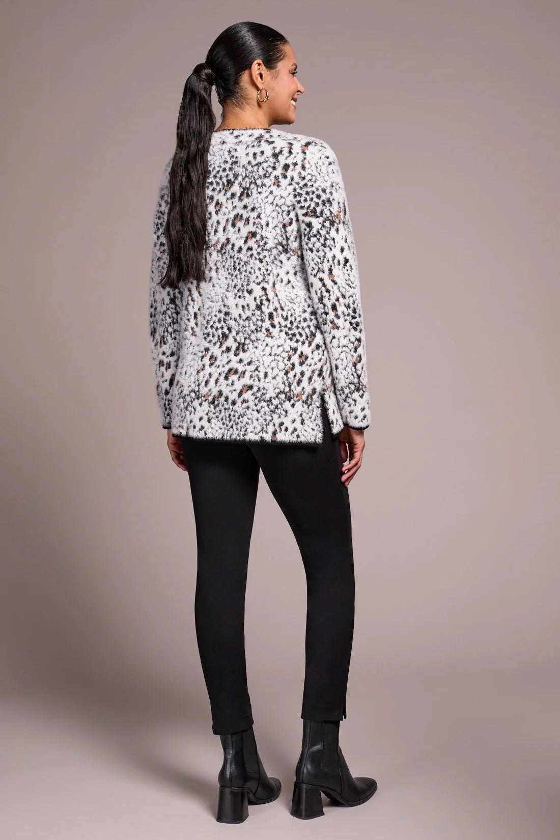 FUZZY ANIMAL PRINT LONG-SLEEVE V-NECK SWEATER