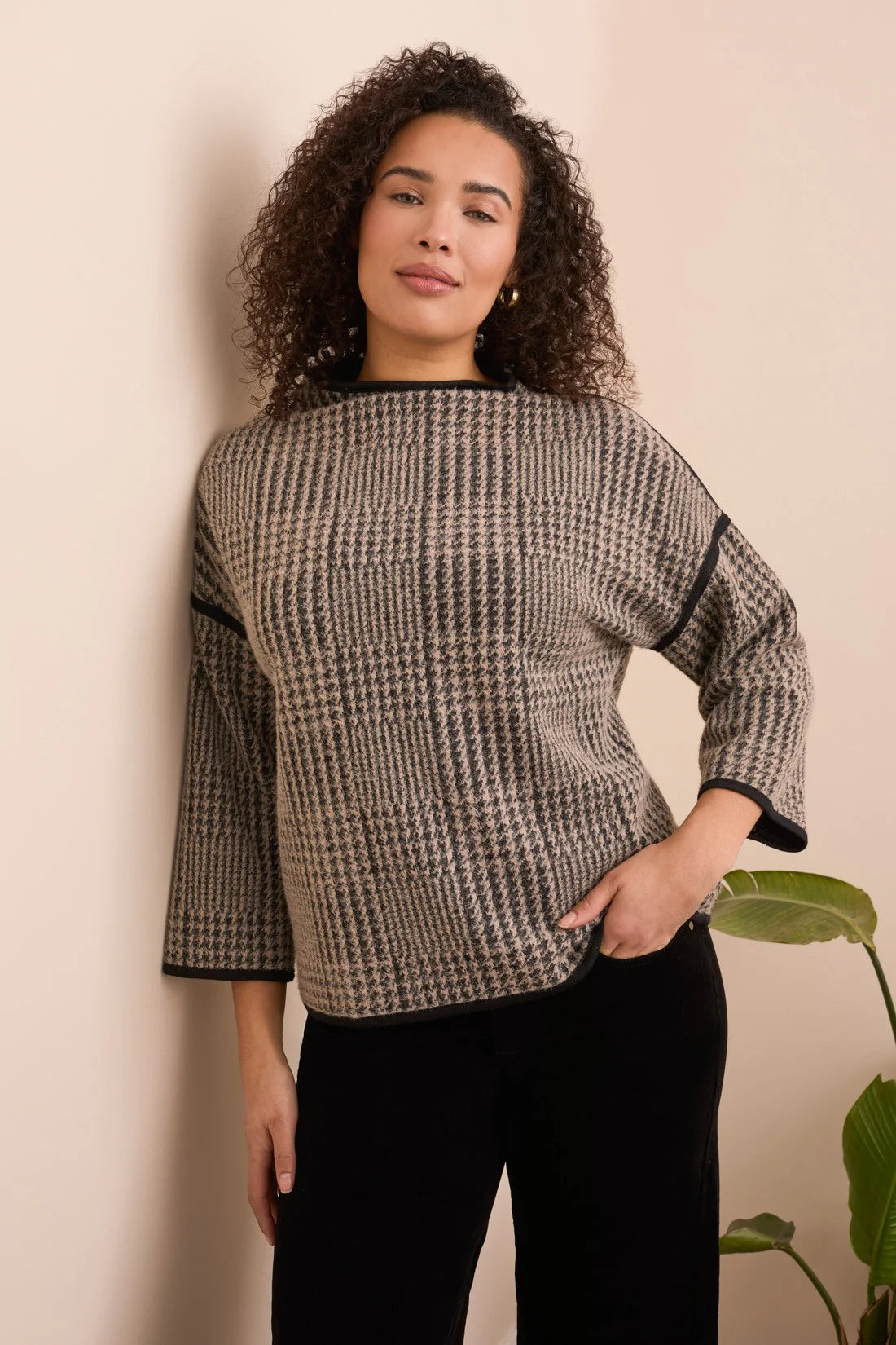 3/4 SLEEVE MOCK NECK JACQUARD PLAID TOP