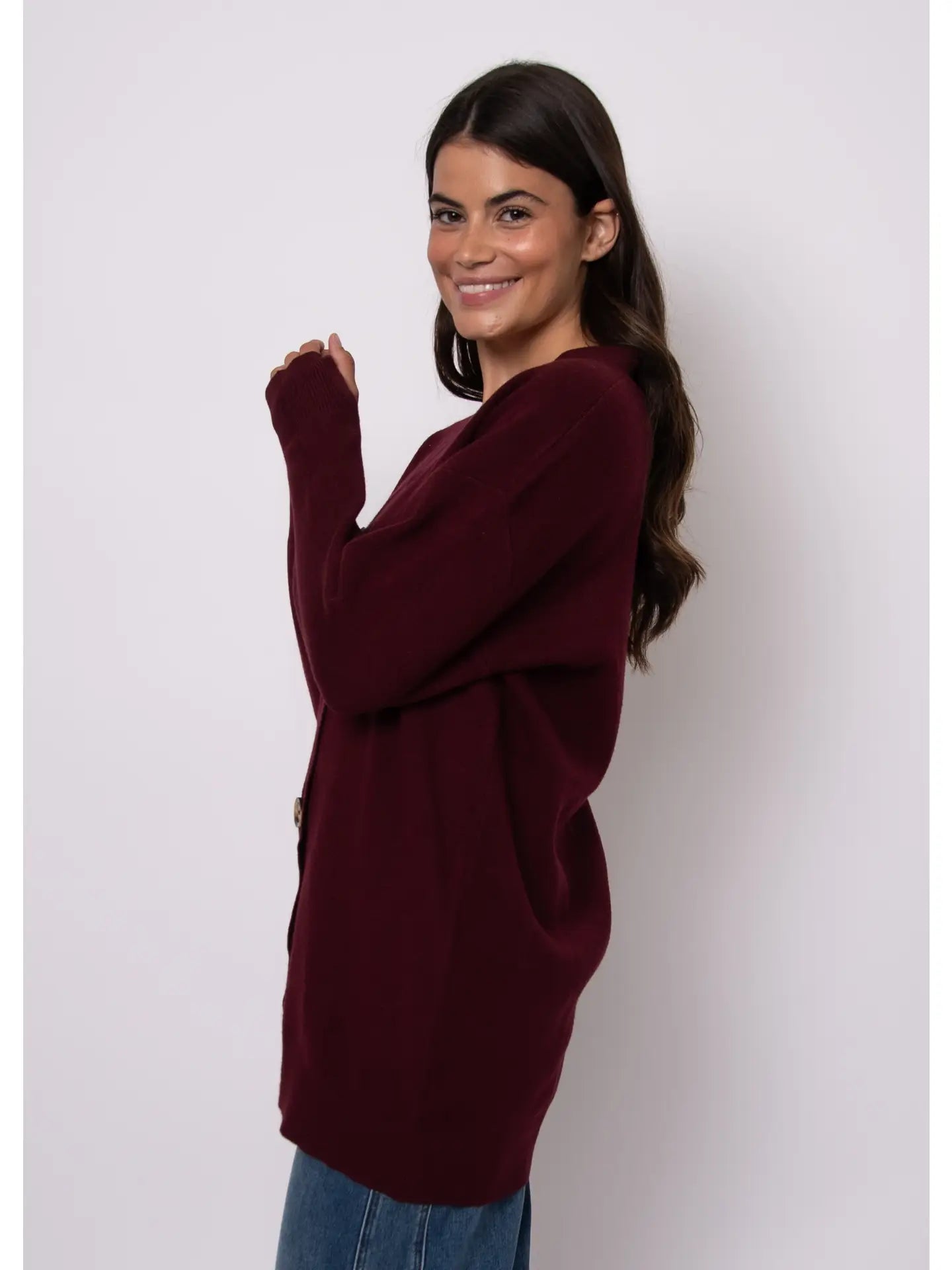 Abella Long Sleeve V-Neck Cardigan-Burgundy