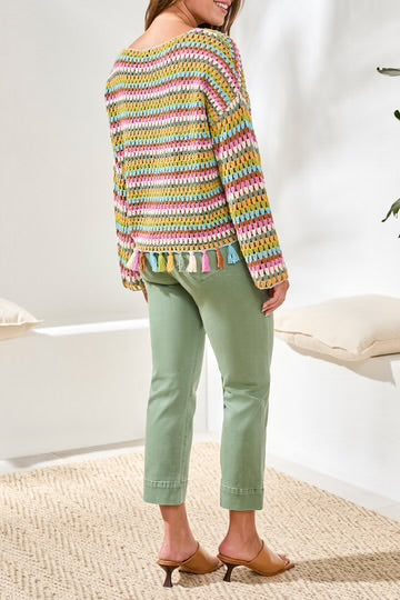 LONG BELL SLEEVE SWEATER W/TASSELS TRIM-AQUA SKY