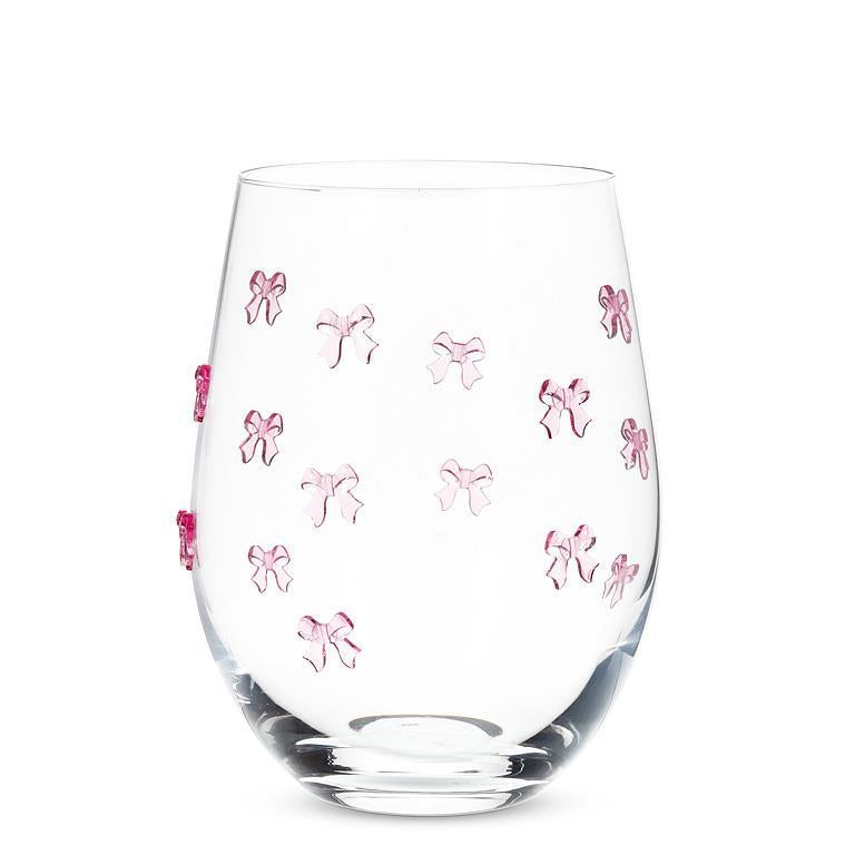 Stemless Wine Glass with Pink Bows
