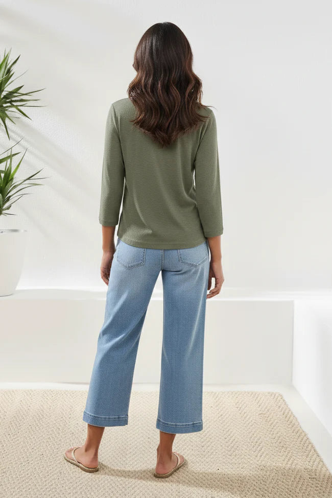 3/4 SLEEVE SCOOP NECK TOP WITH BUTTONS-MOSS