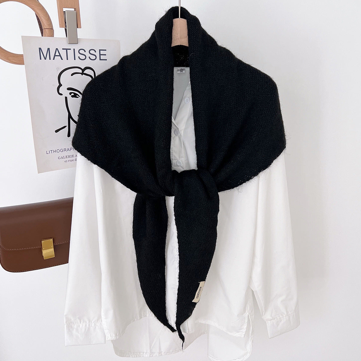 Soft Knit Triangle Scarf -Black