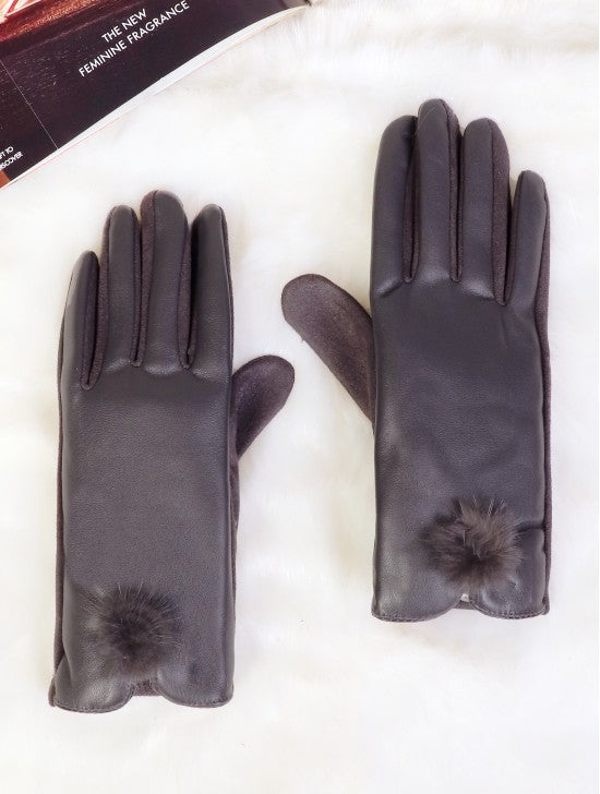 Touch Screen Gloves/Pom Pom-Grey