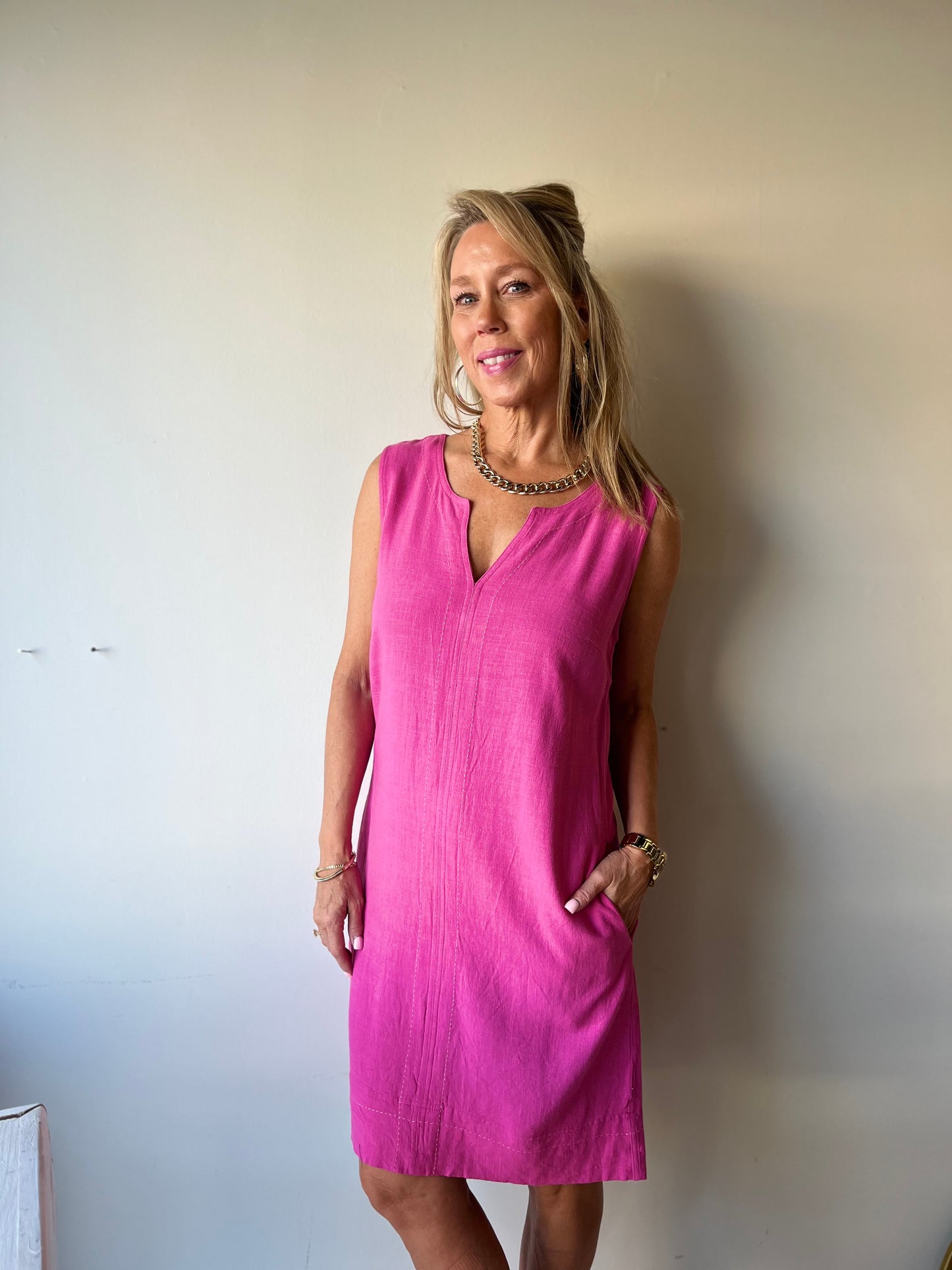 Sleeveless Dress W/Saddle Stitch Detail-Pink Glow
