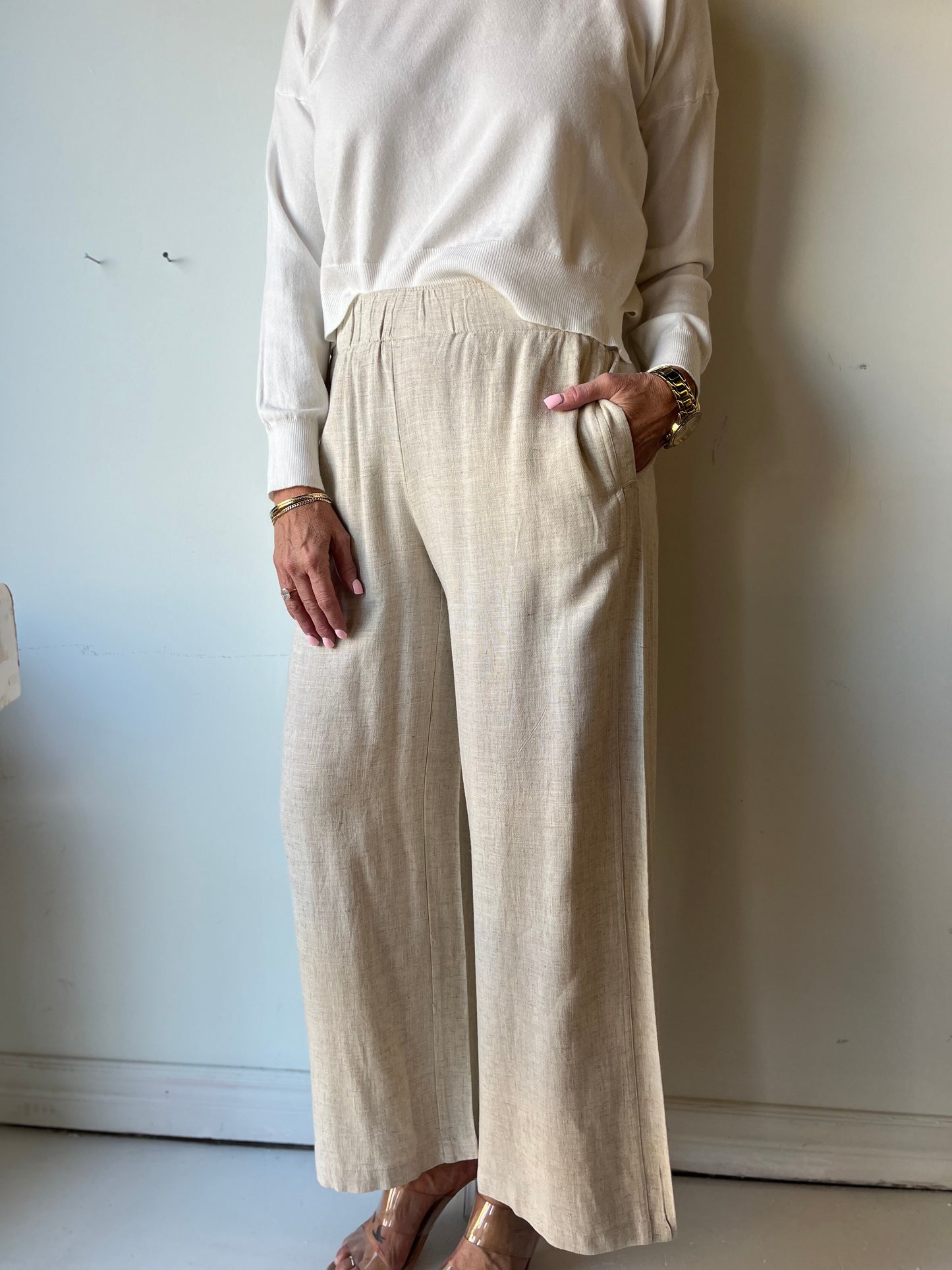 FLOWY LINEN WIDE LEG ANKLE PANT-CANVAS