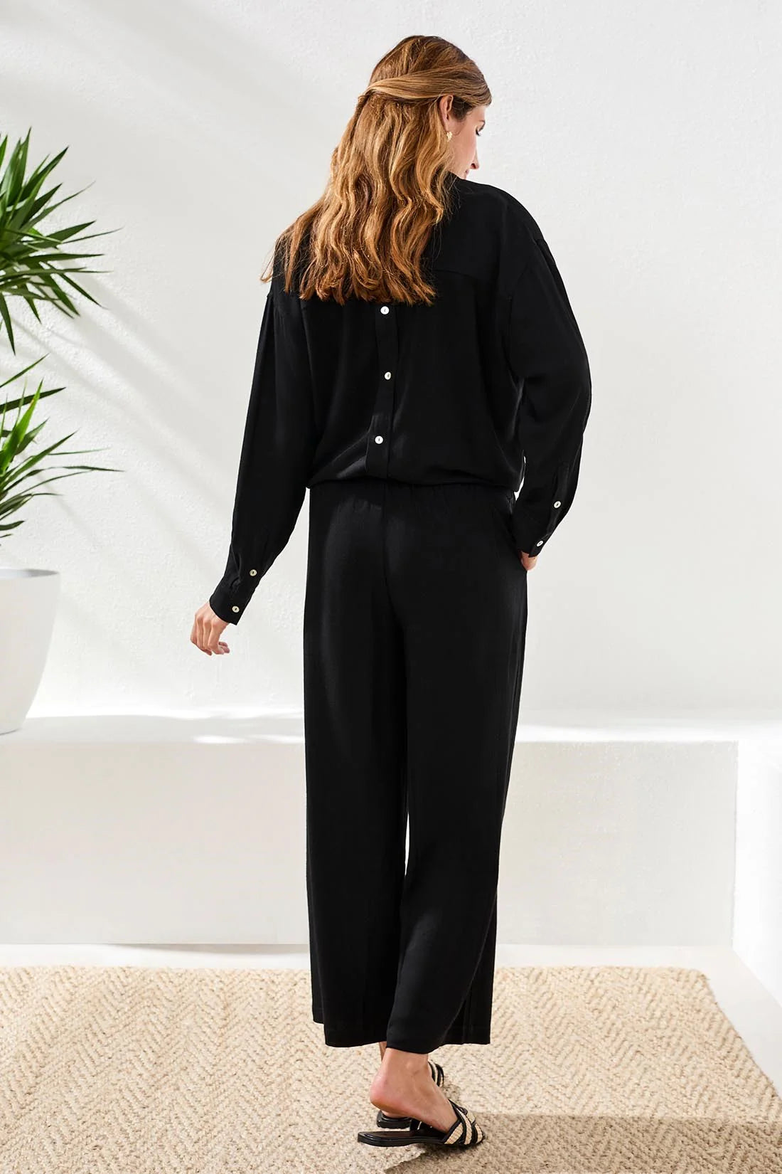 FLOWY LINEN WIDE LEG ANKLE PANT-BLACK