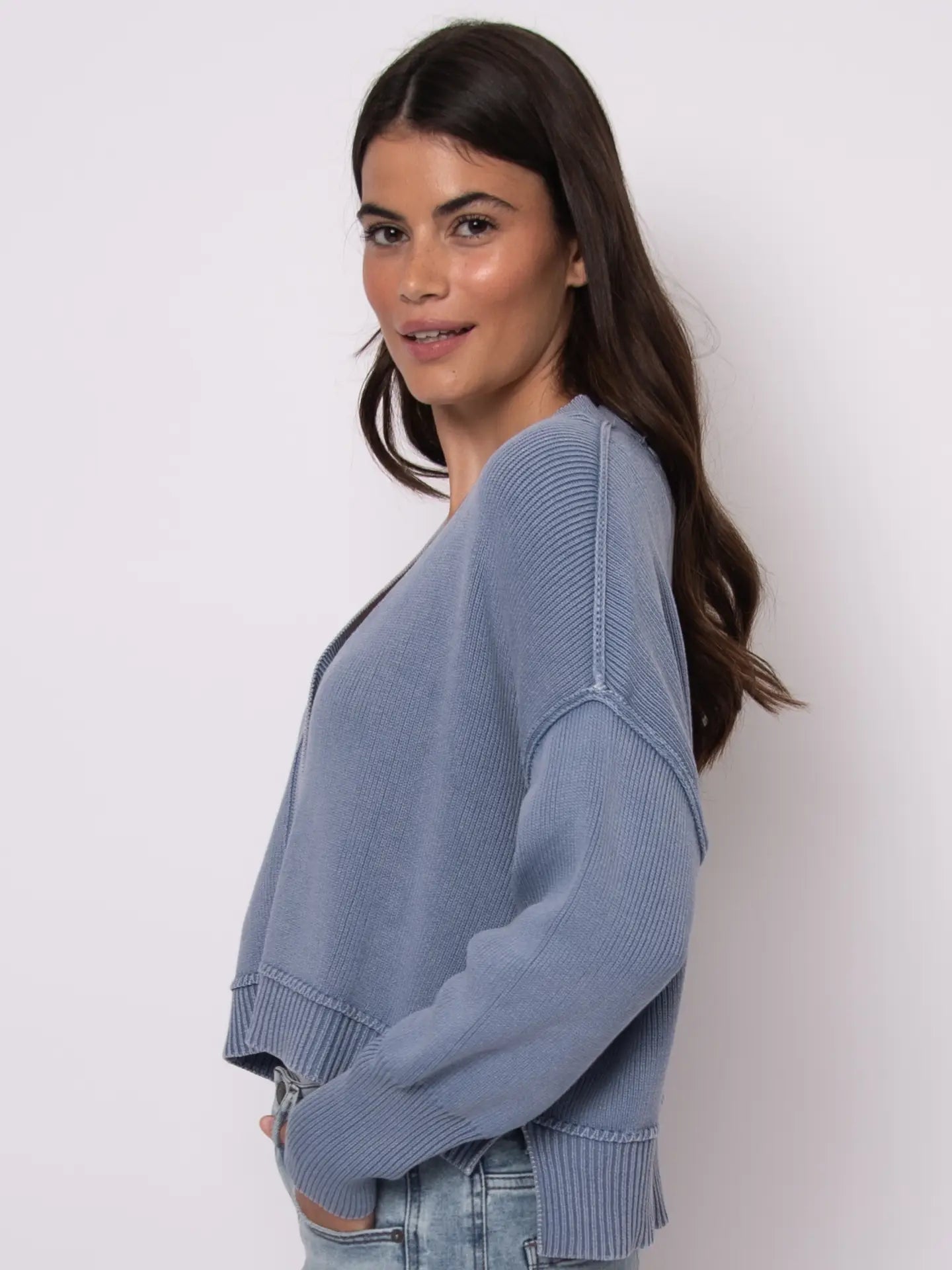 Sumire Long Sleeve V-Neck Cardigan-Acid Blue