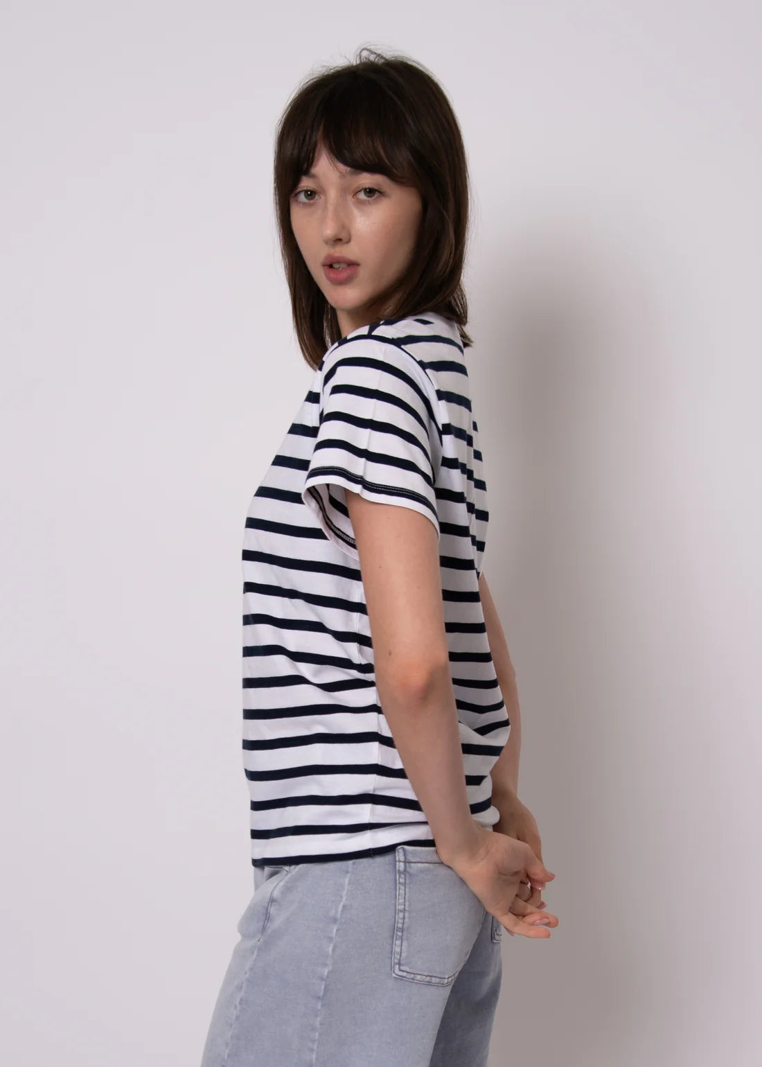 CREW NECK COTTON STRIPE TEE - NAVY/WHITE