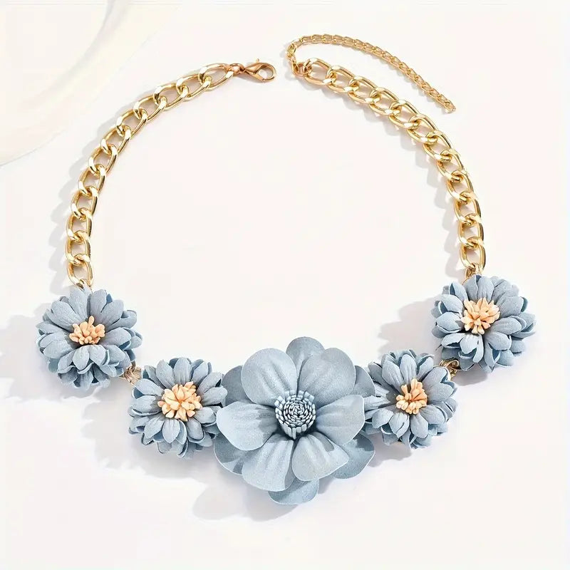 Statement Flower Necklace-Blue