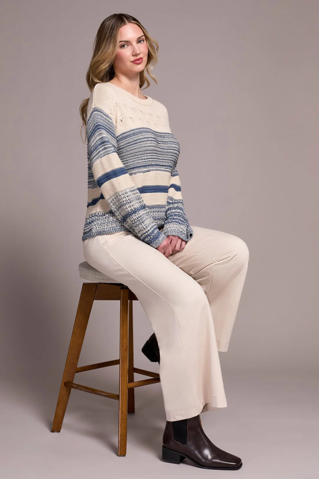 COLOR BLOCK BELL SLEEVE BOAT NECK SWEATER-SLATE BLUE