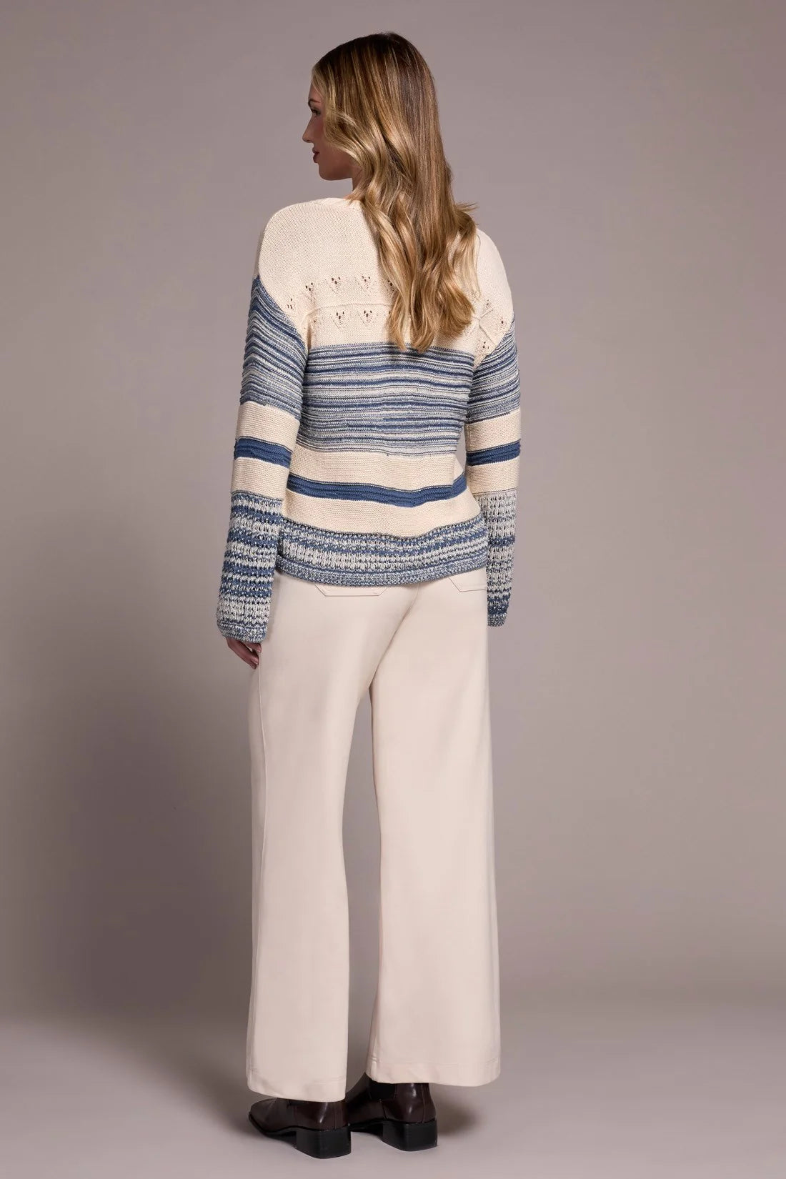 COLOR BLOCK BELL SLEEVE BOAT NECK SWEATER-SLATE BLUE