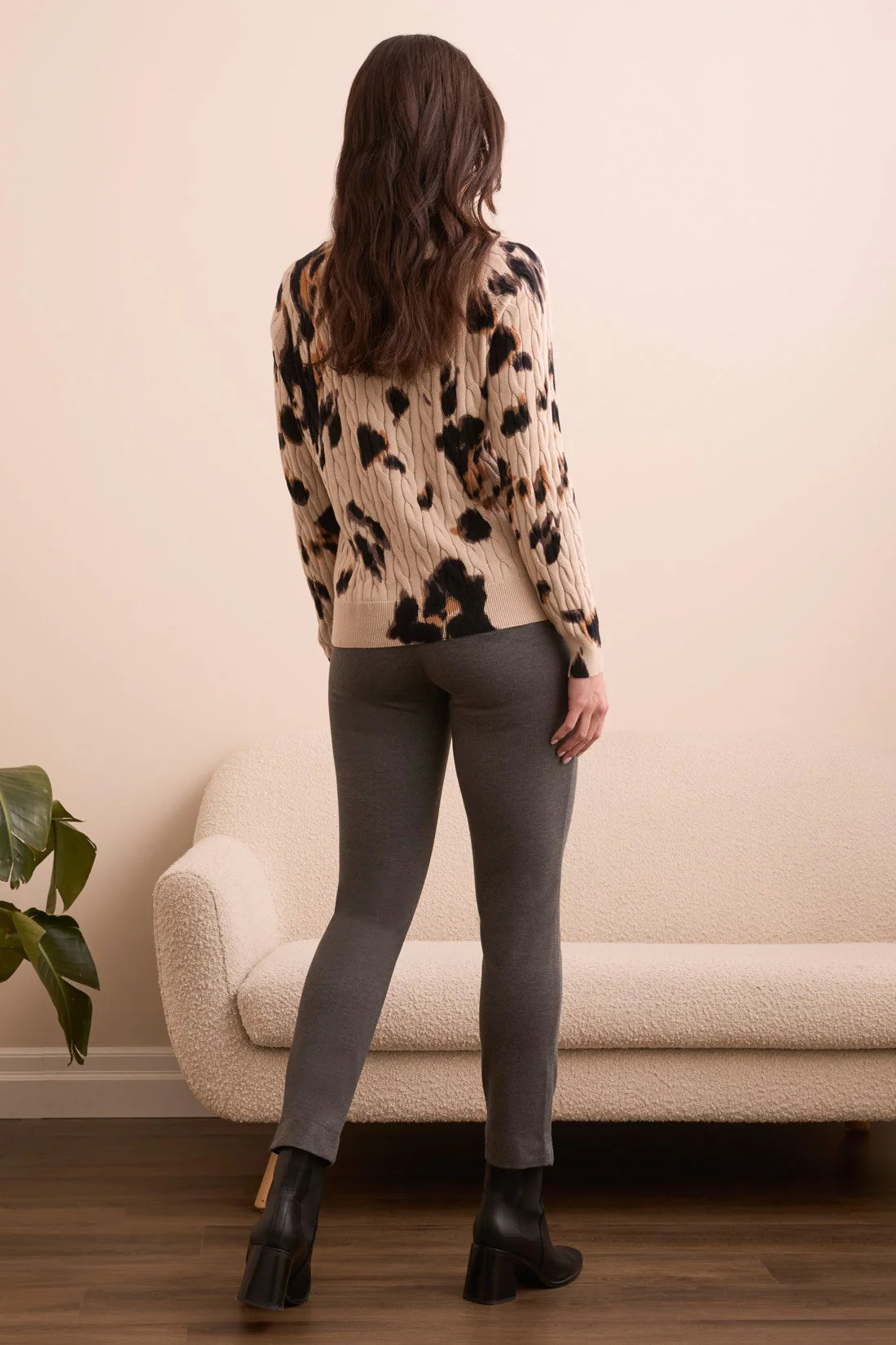 PRINTED CABLE COTTON CREW NECK SWEATER-SANDSTONE