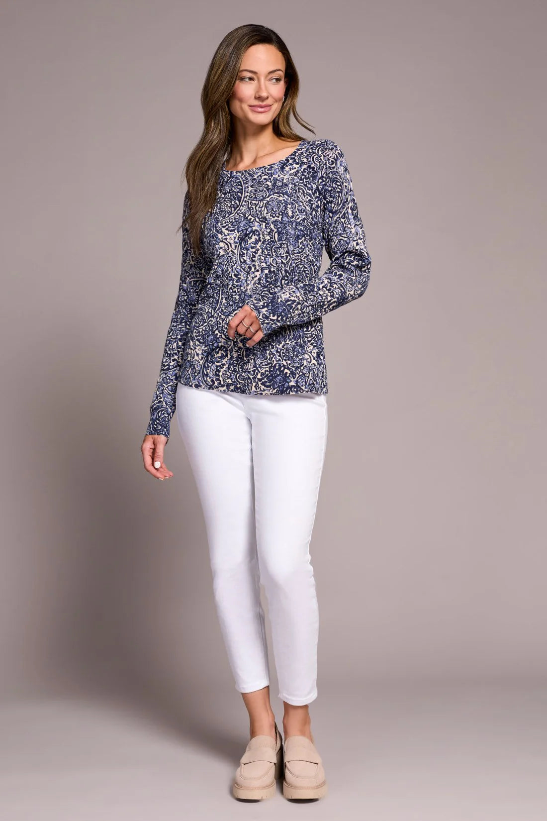 PRINTED CABLE COTTON CREW NECK SWEATER-SAPHIRE