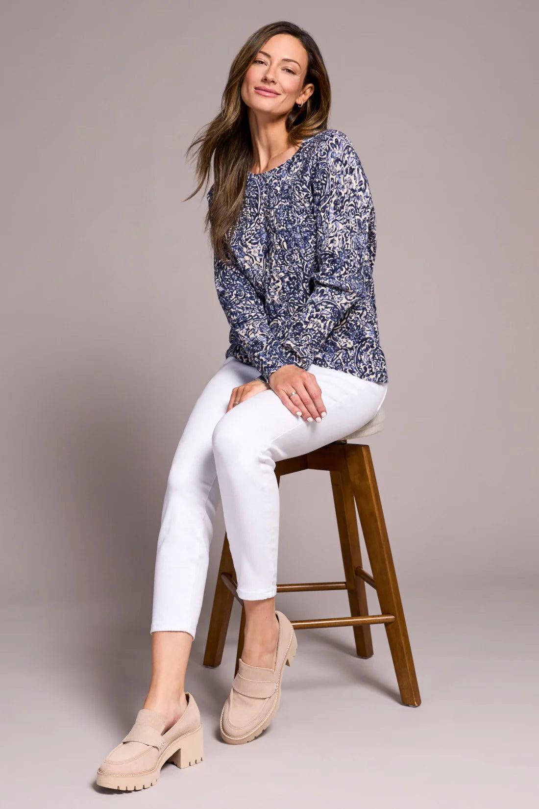 PRINTED CABLE COTTON CREW NECK SWEATER-SAPHIRE