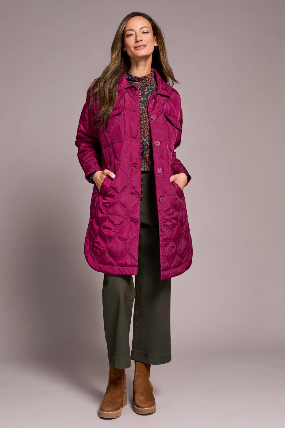LONG QUILTED BUTTON-UP JACKET WITH POCKETS-PLUMWINE