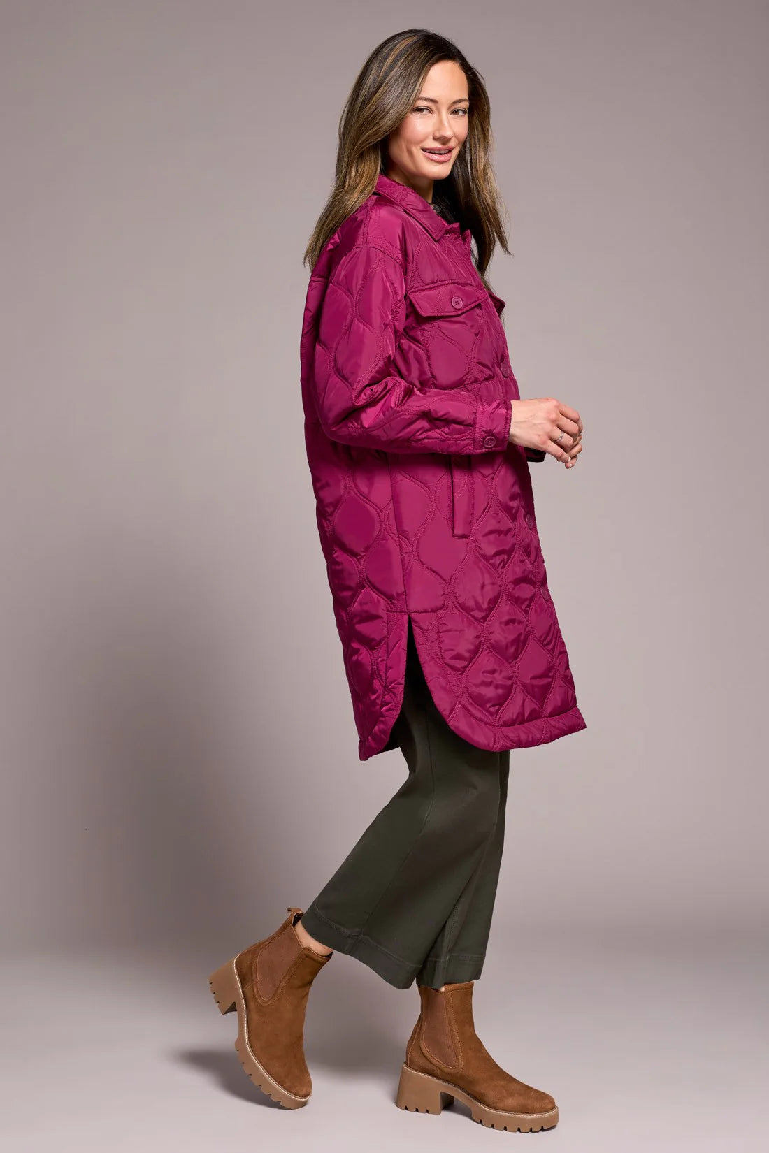 LONG QUILTED BUTTON-UP JACKET WITH POCKETS-PLUMWINE