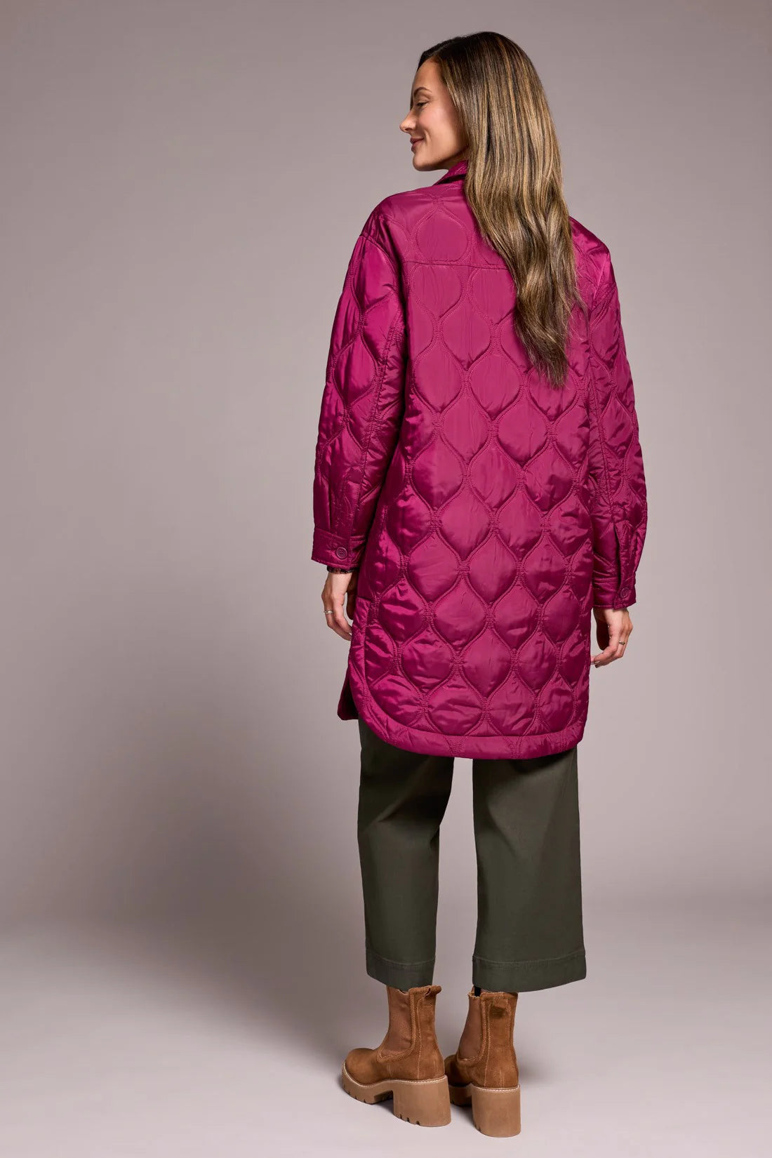 LONG QUILTED BUTTON-UP JACKET WITH POCKETS-PLUMWINE