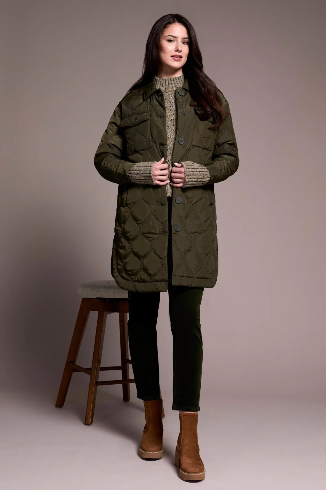 LONG QUILTED BUTTON-UP JACKET WITH POCKETS-SPRUCE