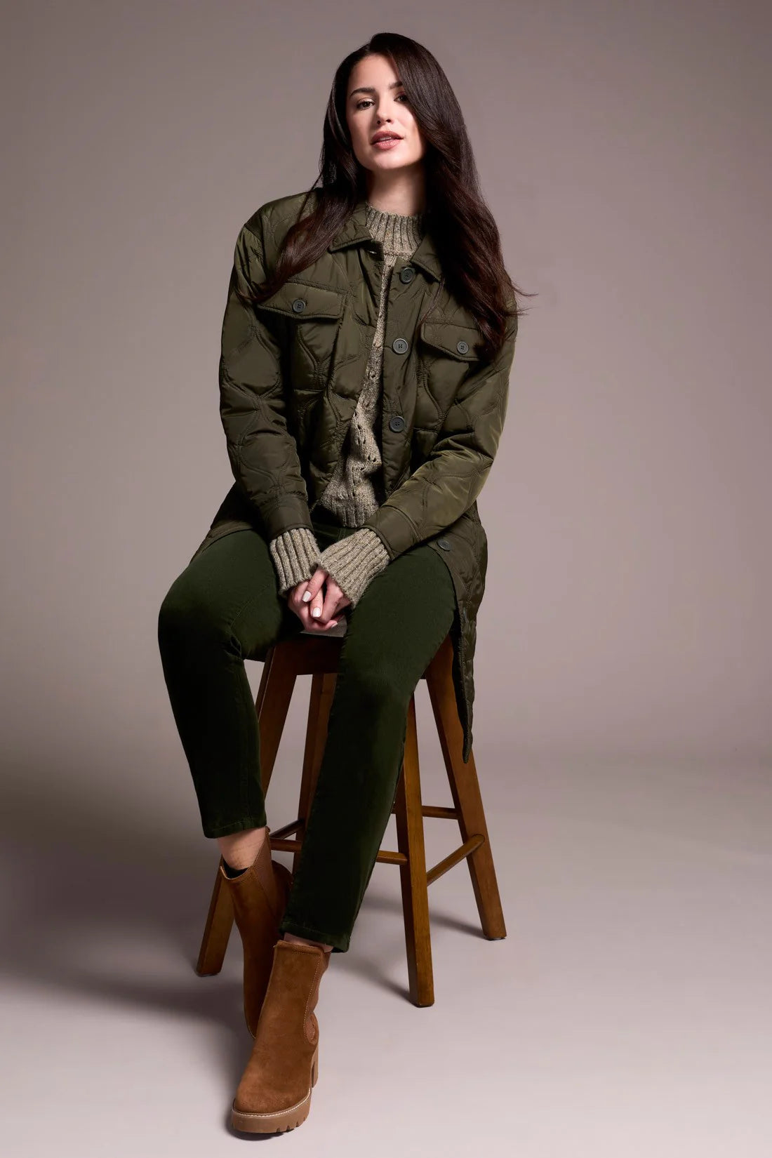 LONG QUILTED BUTTON-UP JACKET WITH POCKETS-SPRUCE