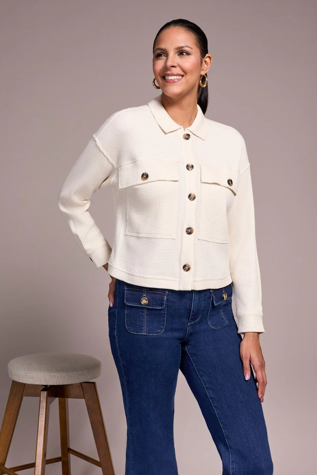 BRUSHED WAFFLE KNIT SHACKET-EGGSHELL