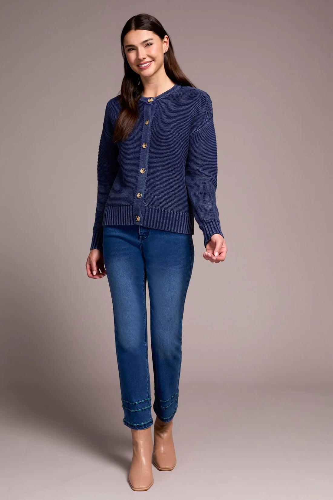 COTTON YARN BUTTON-FRONT CARDIGAN WITH SPECIAL WASH-NIGHTFALL