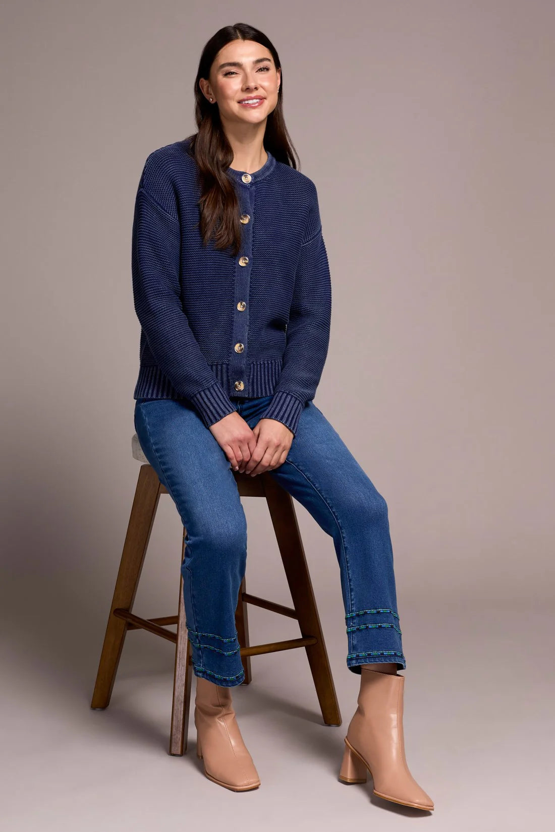 COTTON YARN BUTTON-FRONT CARDIGAN WITH SPECIAL WASH-NIGHTFALL