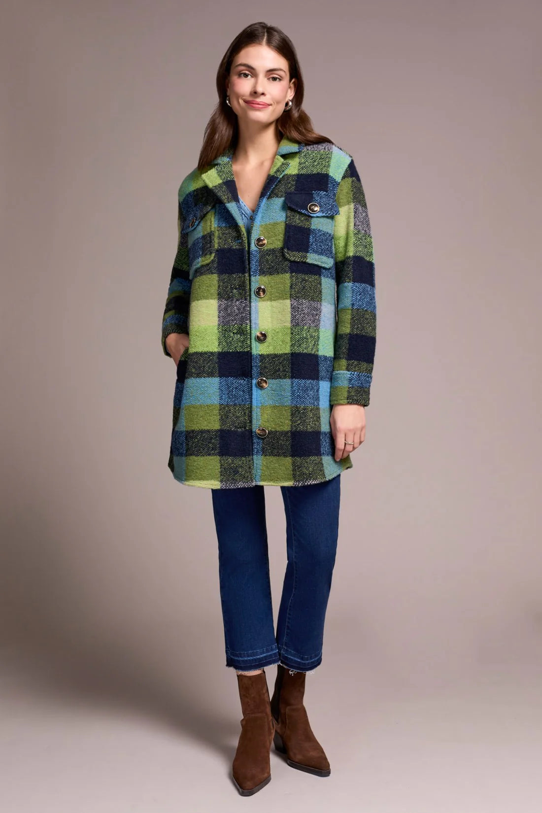 KNIT PLAID NOTCH COLLAR SHACKET