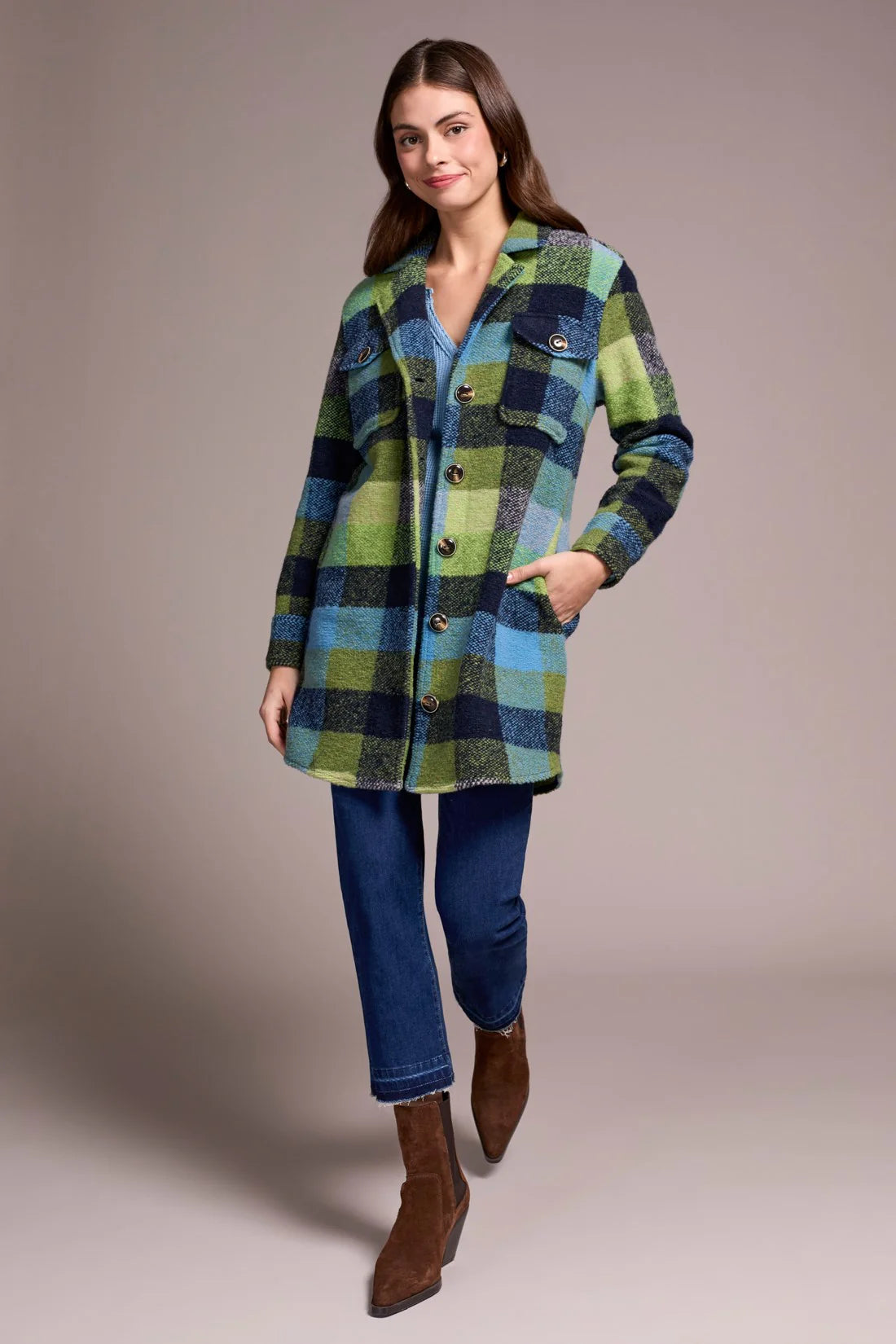 KNIT PLAID NOTCH COLLAR SHACKET