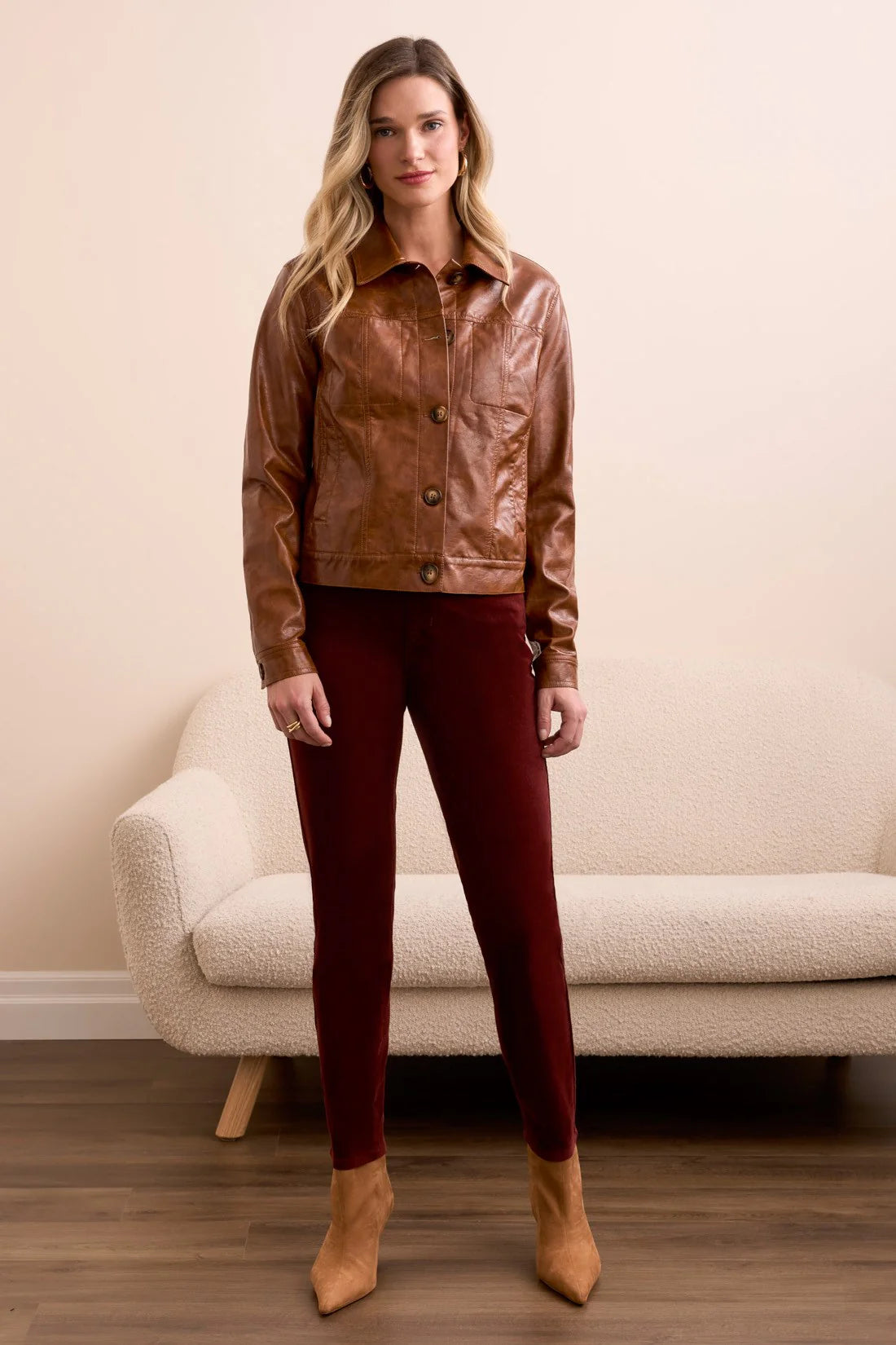 FAUX LEATHER BUTTON-FRONT COLLAR-ACCENT JACKET-BROWN
