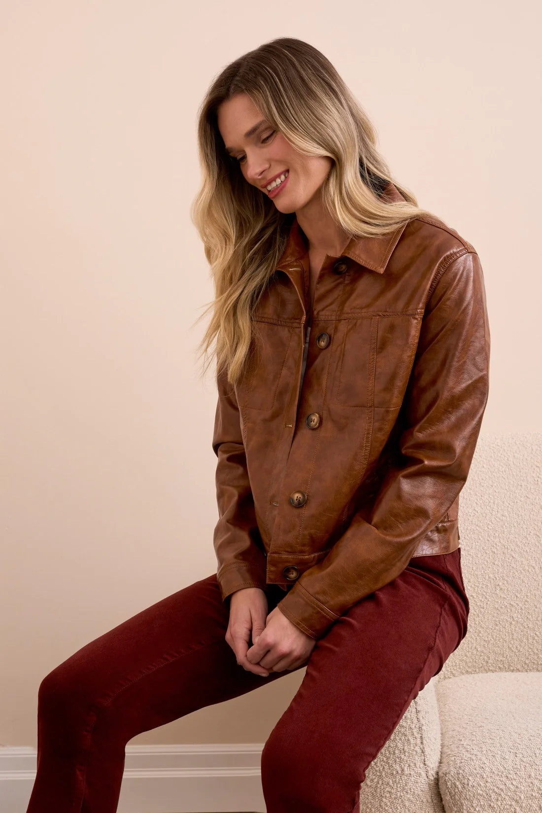 FAUX LEATHER BUTTON-FRONT COLLAR-ACCENT JACKET-BROWN