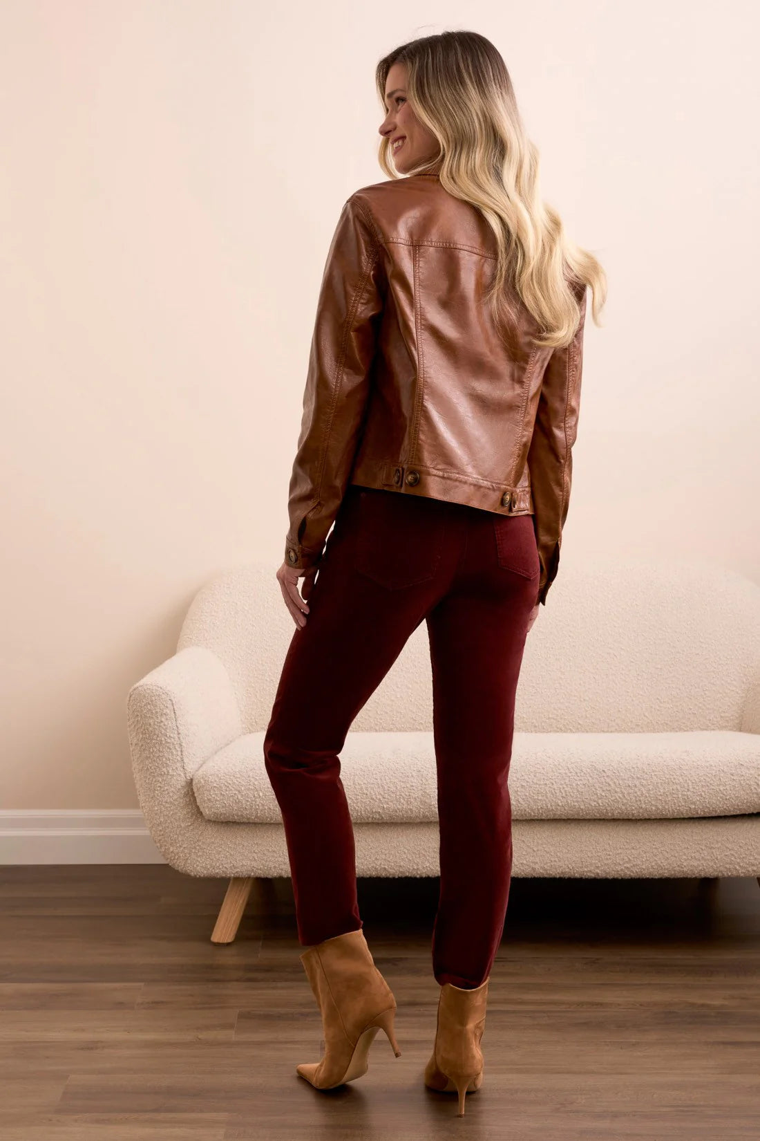 FAUX LEATHER BUTTON-FRONT COLLAR-ACCENT JACKET-BROWN