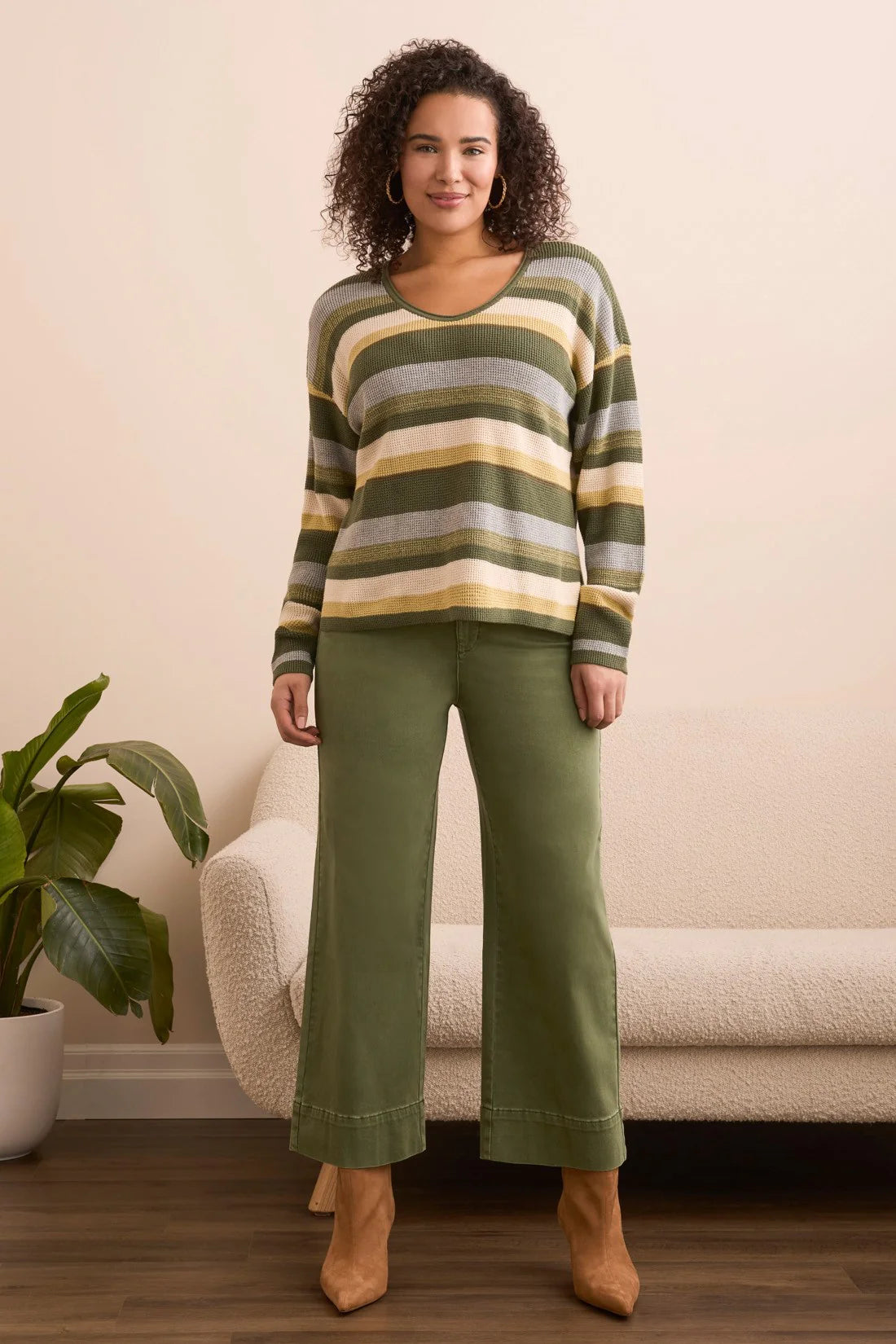 COMBED COTTON U-NECK WAFFLE SWEATER