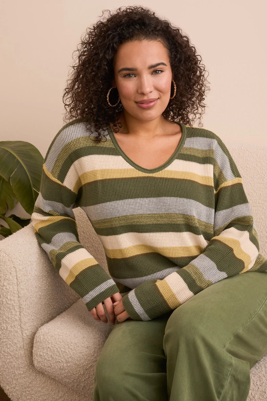 COMBED COTTON U-NECK WAFFLE SWEATER