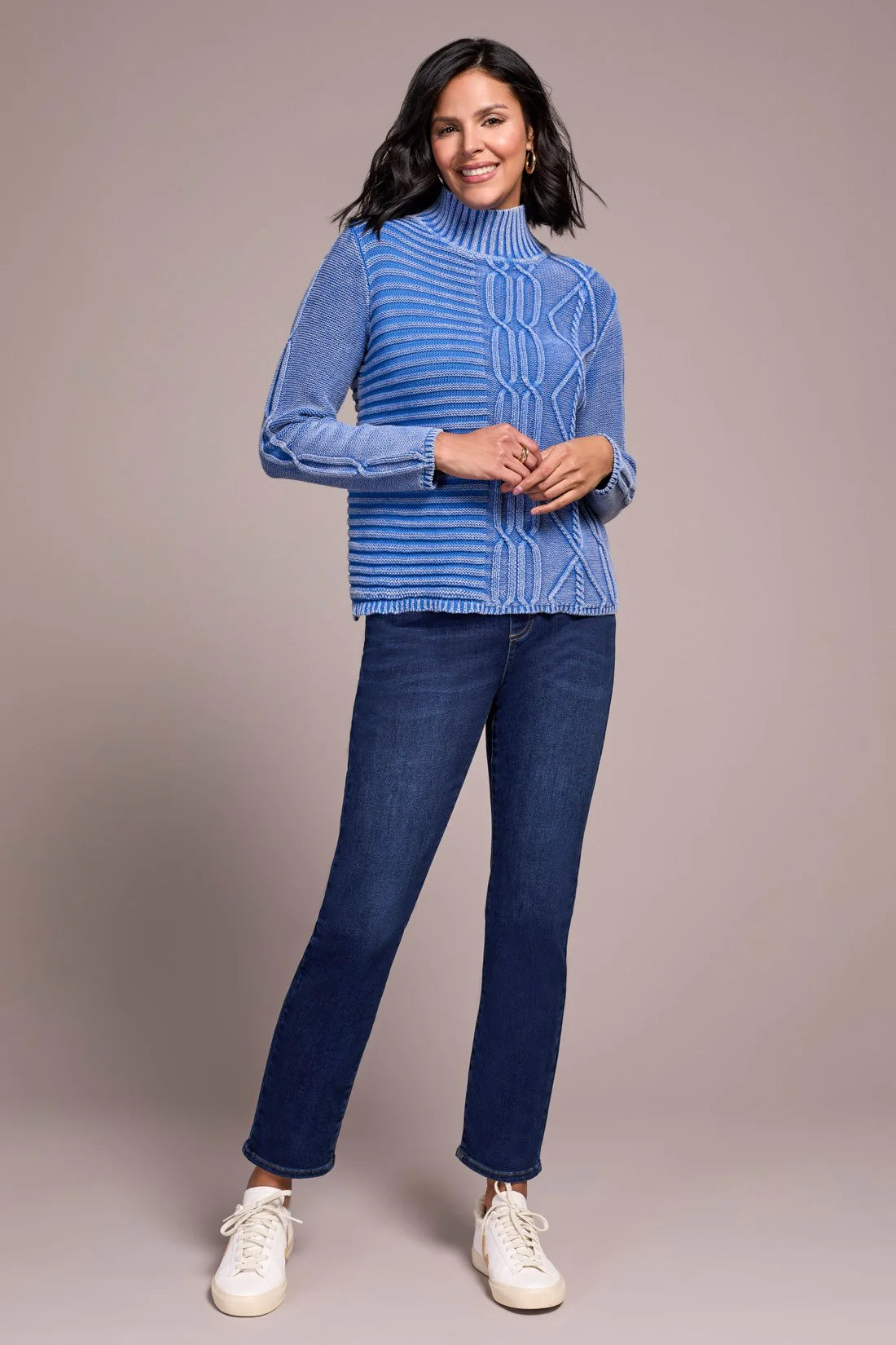 VINTAGE WASHED CABLE KNIT MOCK NECK SWEATER-ULTRA BLUE