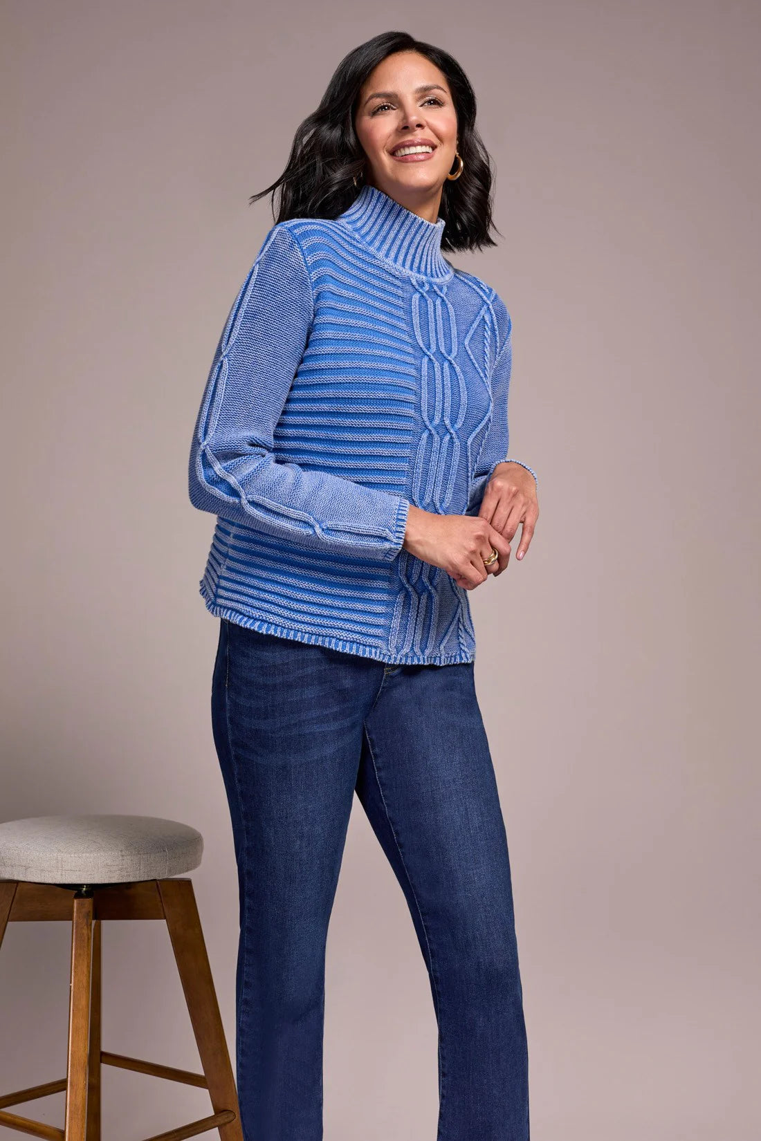 VINTAGE WASHED CABLE KNIT MOCK NECK SWEATER-ULTRA BLUE