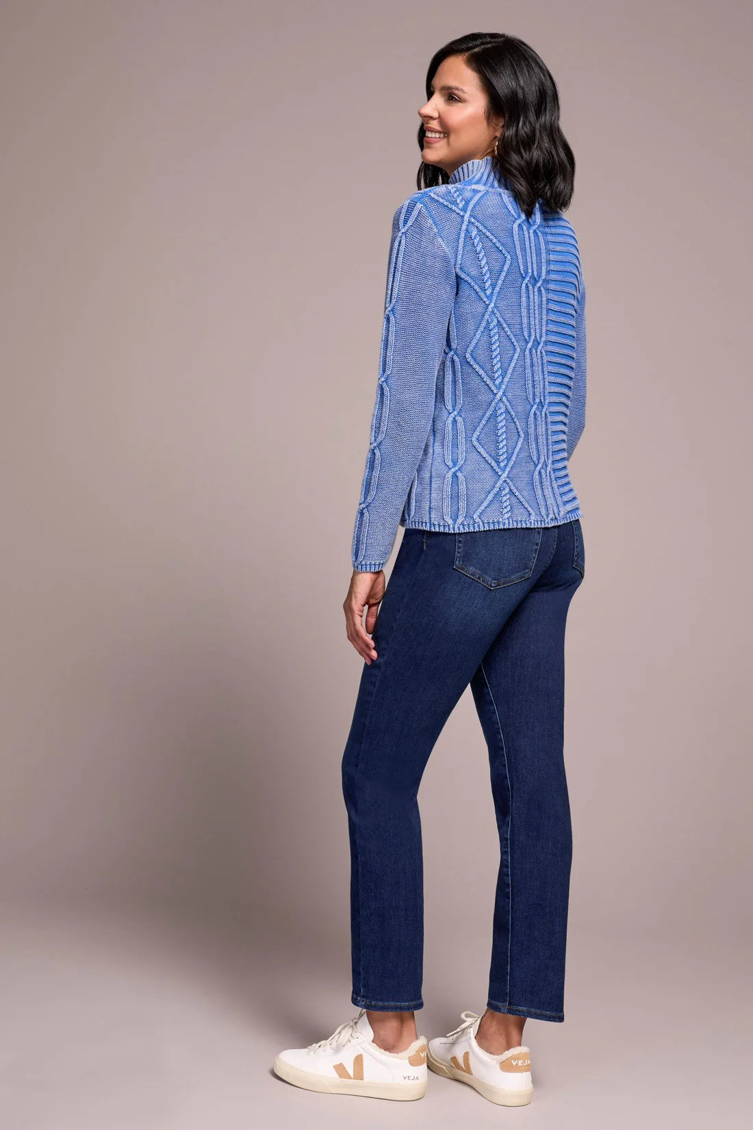 VINTAGE WASHED CABLE KNIT MOCK NECK SWEATER-ULTRA BLUE
