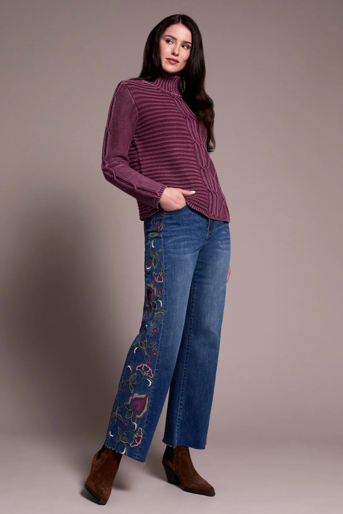 VINTAGE WASHED CABLE KNIT MOCK NECK SWEATER-PASSION PLUM
