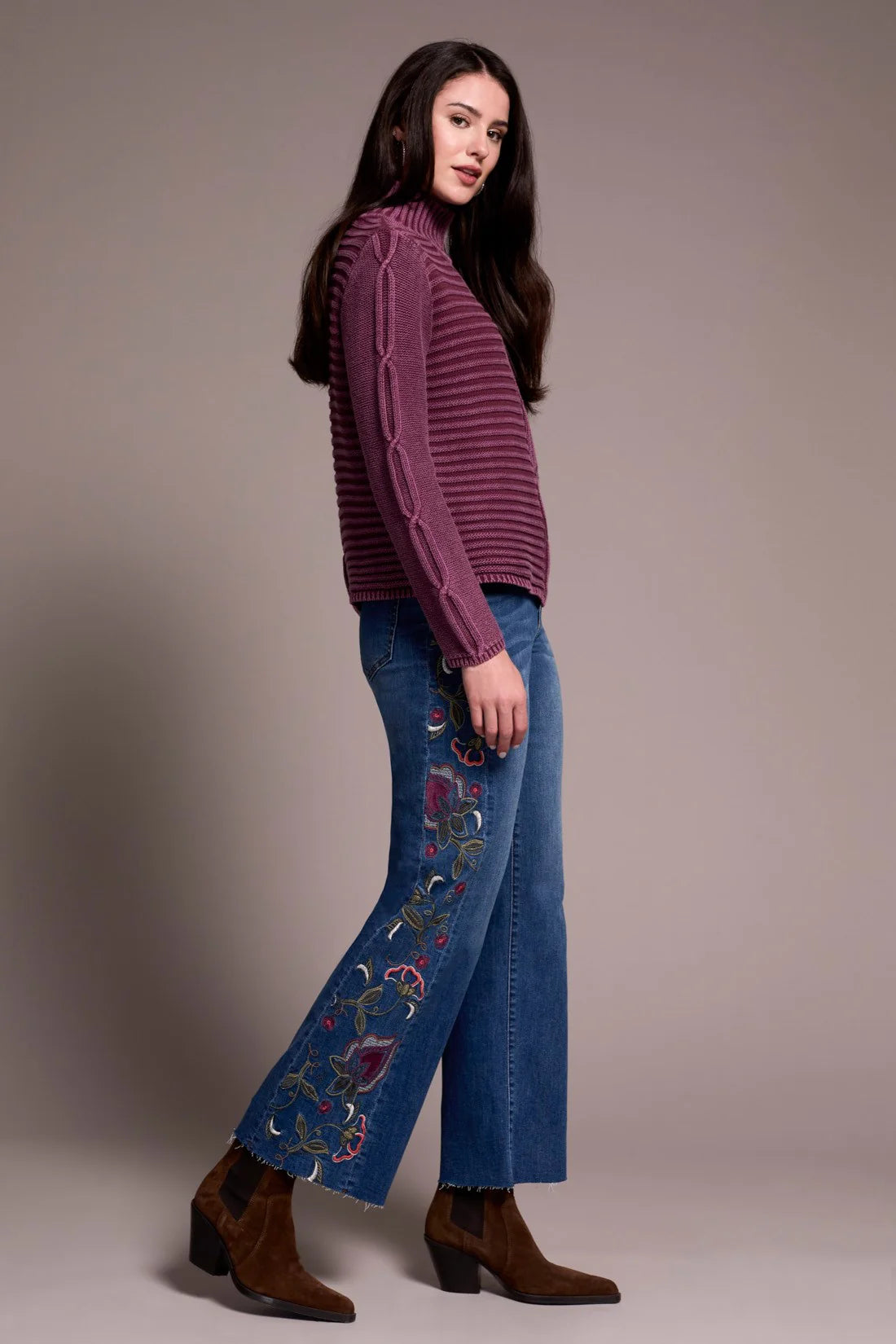 VINTAGE WASHED CABLE KNIT MOCK NECK SWEATER-PASSION PLUM