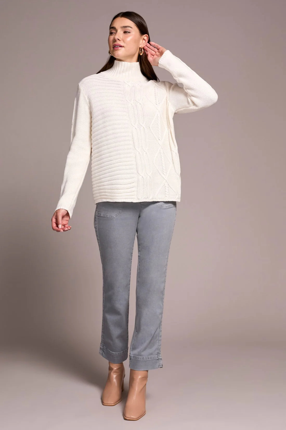 VINTAGE WASHED CABLE KNIT MOCK NECK SWEATER-CREAM