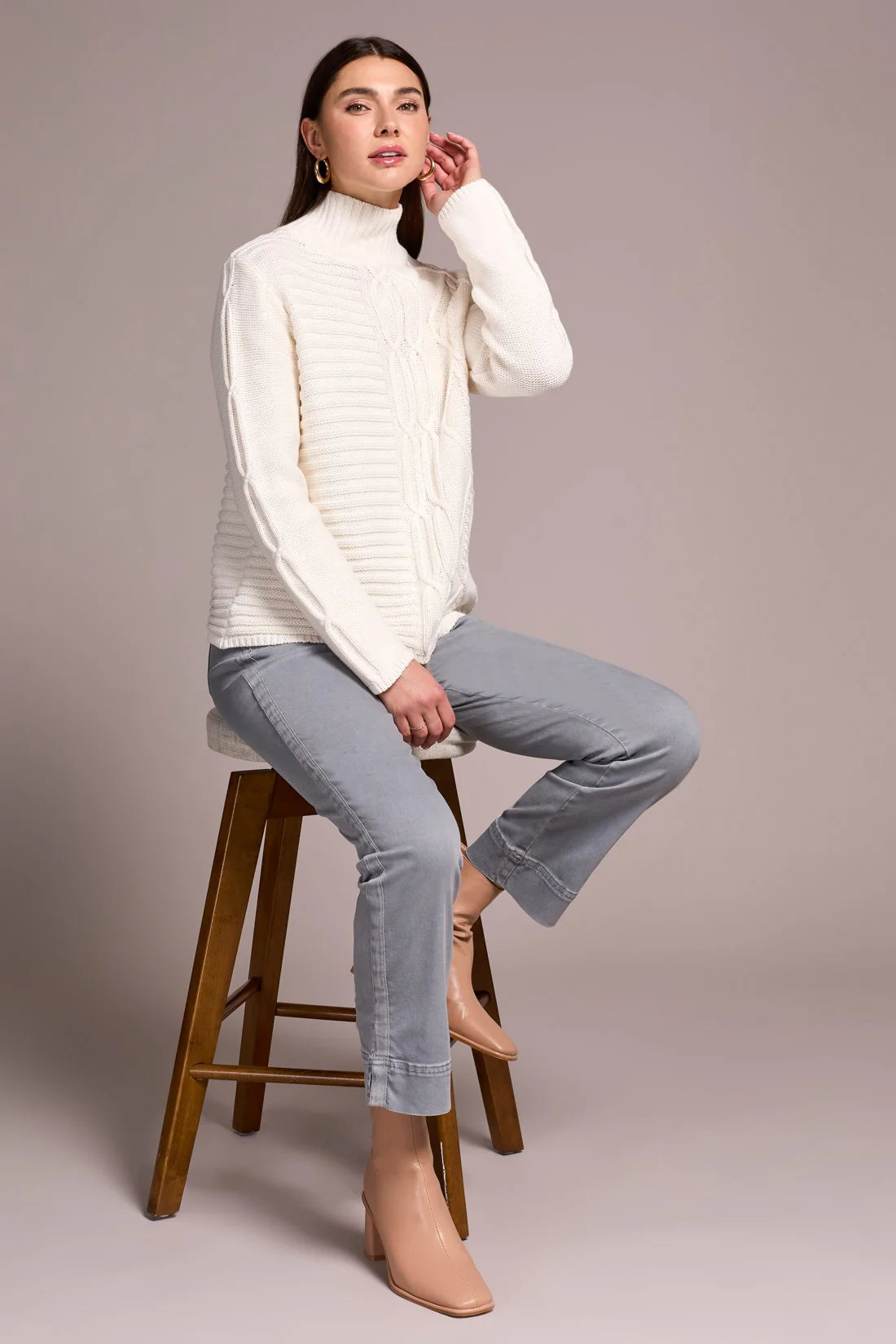 VINTAGE WASHED CABLE KNIT MOCK NECK SWEATER-CREAM