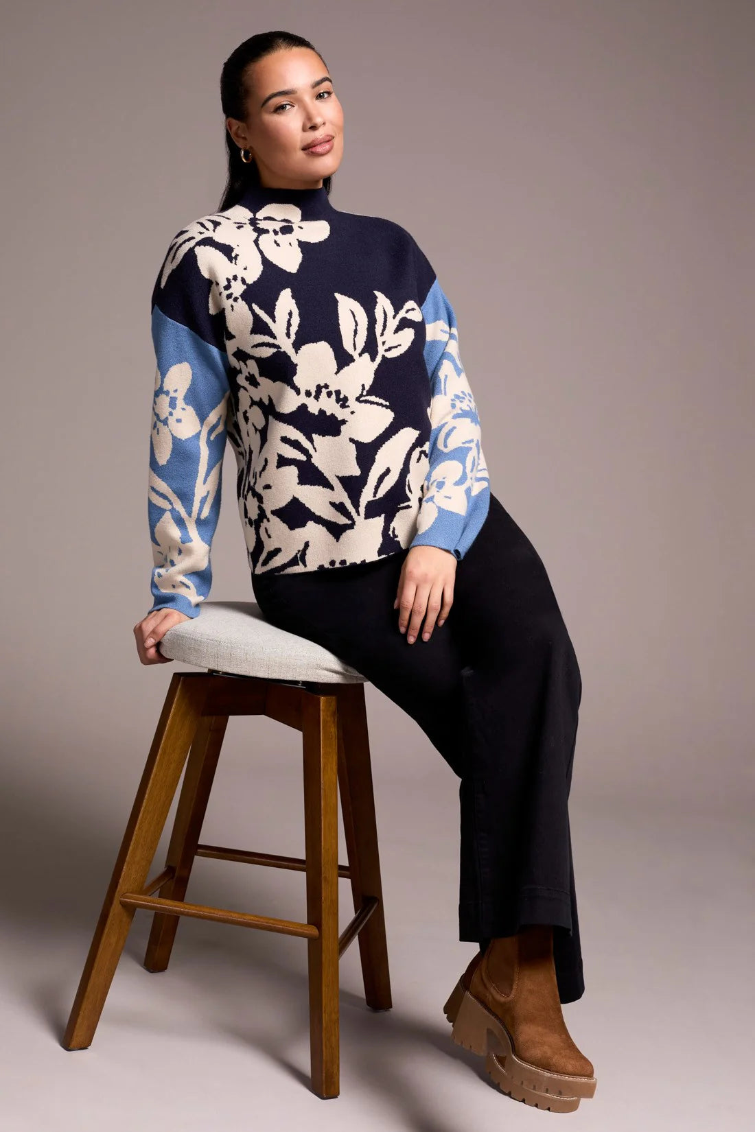 KNIT JACQUARD FUNNEL NECK SWEATER