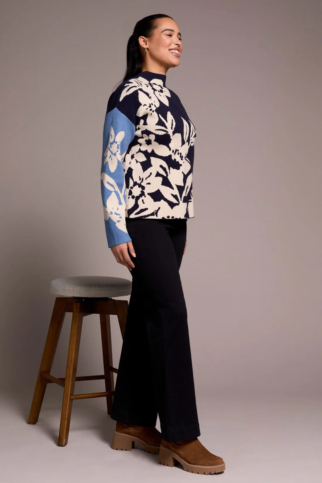 KNIT JACQUARD FUNNEL NECK SWEATER