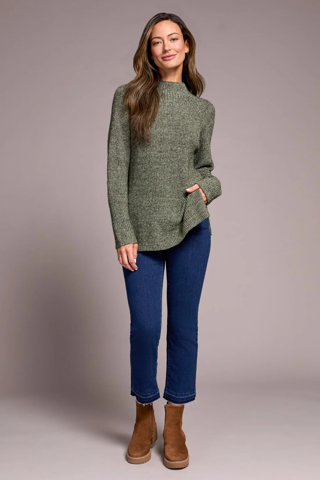 MOCK NECK HEATHERED KNIT SWEATER WITH SIDE SLITS-SPRUCE